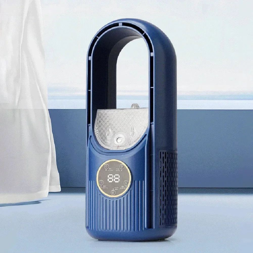 Purificateur d'air bleu moderne avec écran numérique, design sans pales, idéal pour maison, bureau. Technologie avancée, efficacité énergétique.