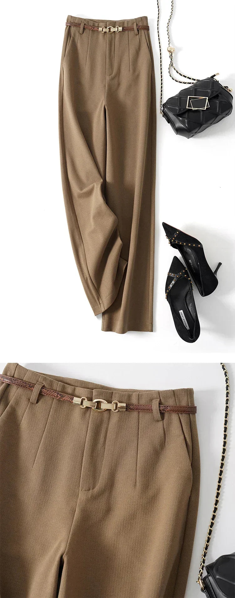 Pantalon large taille haute pour femme – Vêtement de travail en polyester avec ceinture