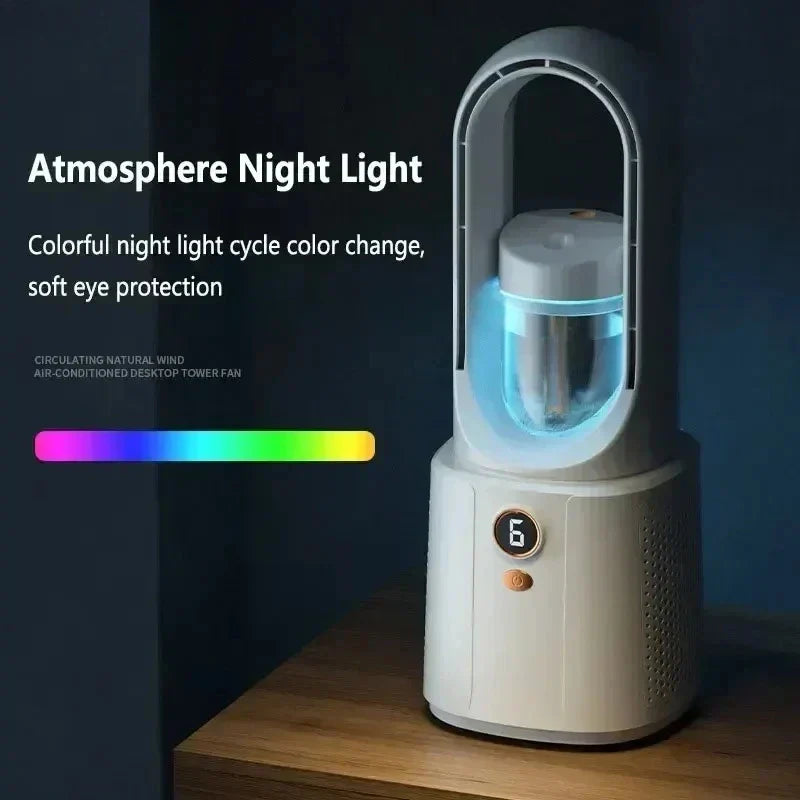 Ventilateur de chambre à coucher sans feuilles avec refroidissement par pulvérisation & veilleuse - Mini-refroidisseur d'air silencieux pour un meilleur sommeil en été