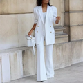 Elegant Blazer with Button Closure and Flared Pants for Women - Two-Piece Set for All Seasons