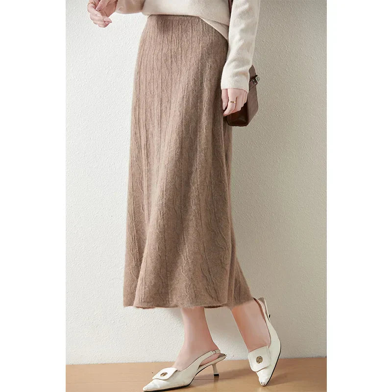 Jupe midi trapèze en laine mérinos – Tricot doux, chaud et élégant