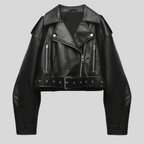 Veste en cuir noir pour femme, style motard, avec fermeture éclair asymétrique, poches zippées et ceinture ajustable. Mode tendance automne-hiver.