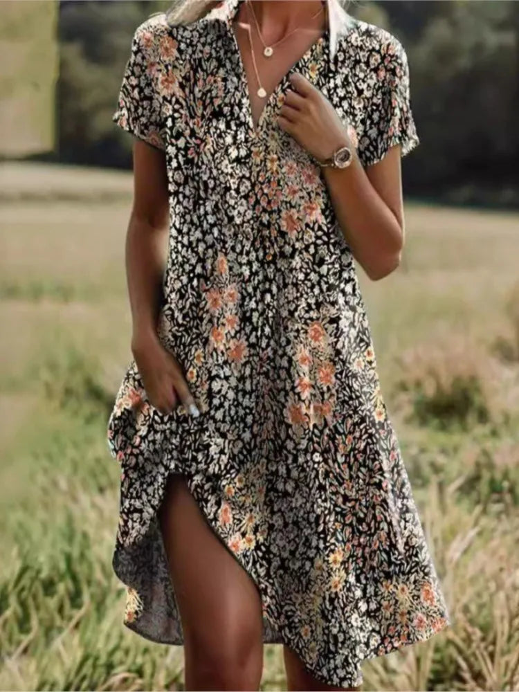 Carla | Robe florale élégante avec col en V, boutons et manches longues pour l'automne
