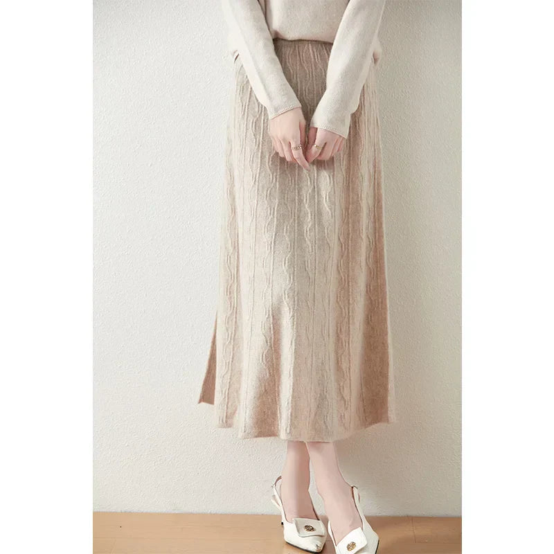 Jupe midi trapèze en laine mérinos – Tricot doux, chaud et élégant