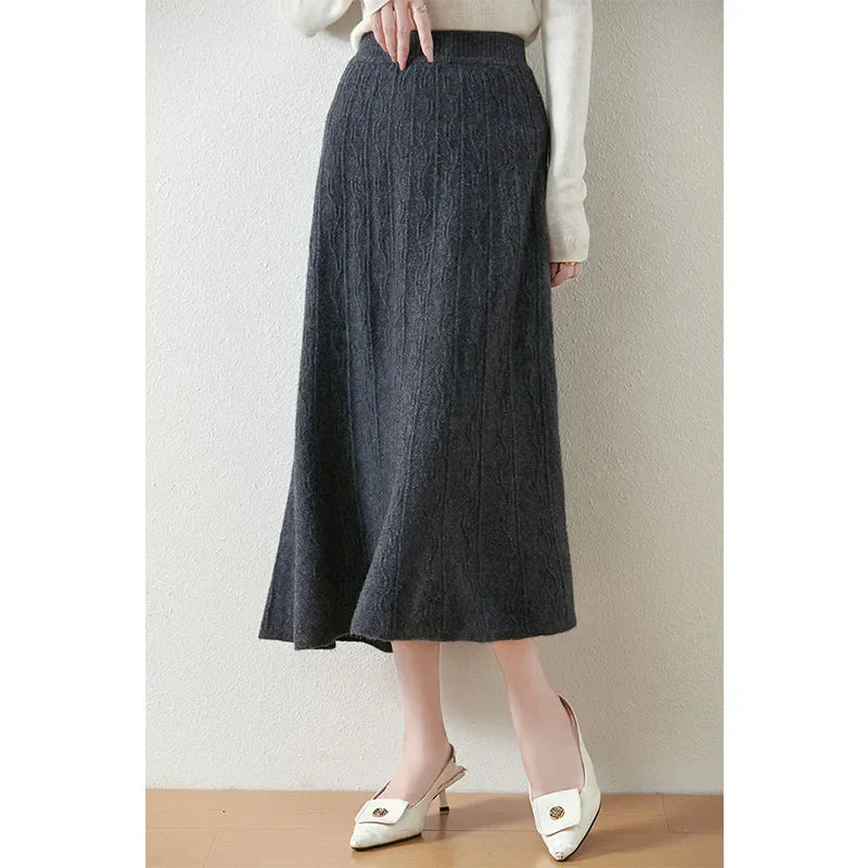 Jupe midi trapèze en laine mérinos – Tricot doux, chaud et élégant