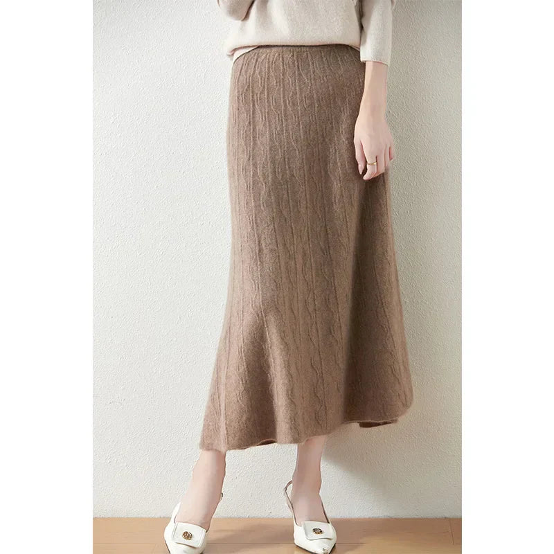 Jupe midi trapèze en laine mérinos – Tricot doux, chaud et élégant