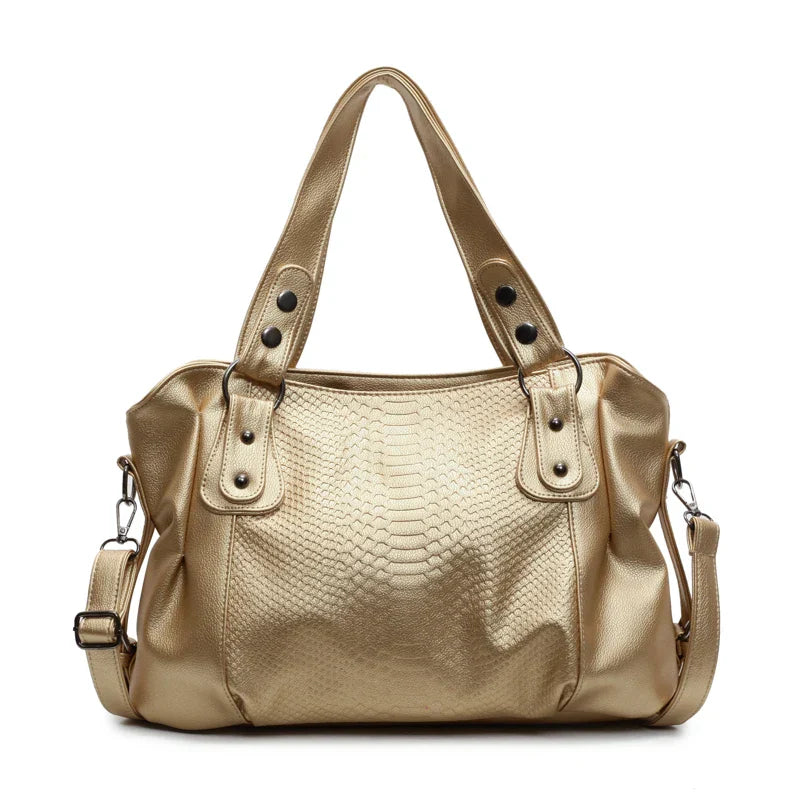 Sac à main en cuir doré avec motif serpent, anses robustes et bandoulière amovible. Élégant et tendance, idéal pour la mode féminine.