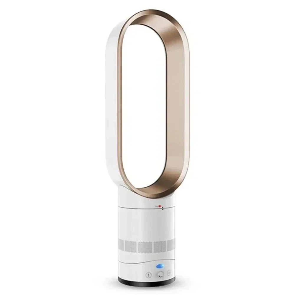 Ventilateur sans pales blanc et or, design moderne, technologie avancée, idéal pour rafraîchir les espaces intérieurs, efficacité énergétique.