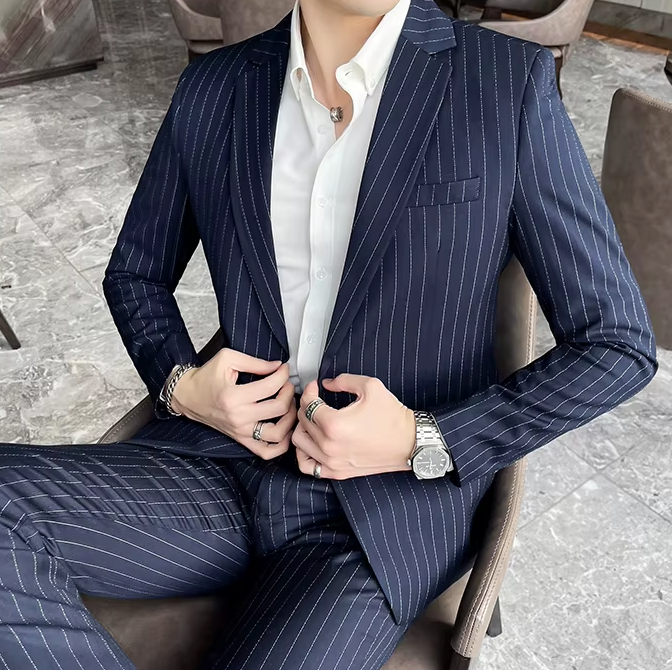 Costume rayé bleu marine élégant pour homme, chemise blanche, montre argentée, assis sur une chaise en cuir, style professionnel et moderne.