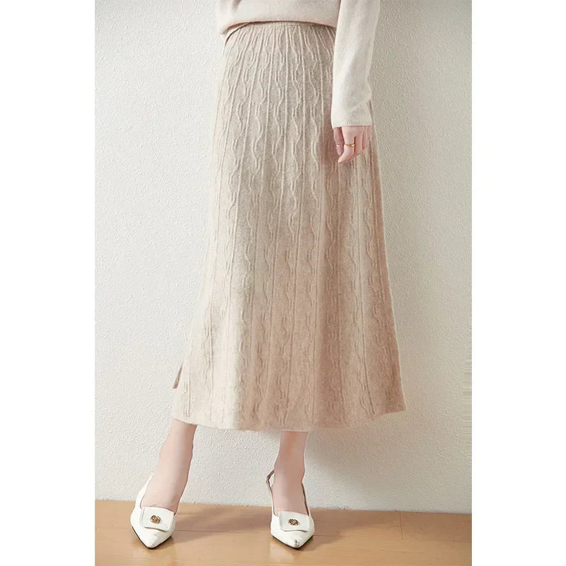 Jupe midi trapèze en laine mérinos – Tricot doux, chaud et élégant