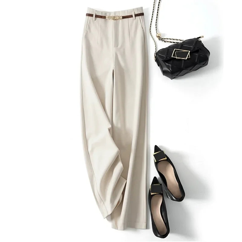 Pantalon large taille haute pour femme – Vêtement de travail en polyester avec ceinture