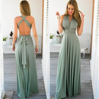 Robe longue verte élégante avec dos croisé, ceinture nouée, portée par une femme blonde. Mode féminine, tenue de soirée chic, style moderne.