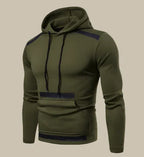Sweat à capuche vert olive pour homme, manches longues, design moderne, poches avant, cordons noirs, style décontracté et tendance.