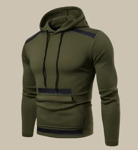 Sweat à capuche vert olive pour homme, manches longues, design moderne, poches avant, cordons noirs, style décontracté et tendance.