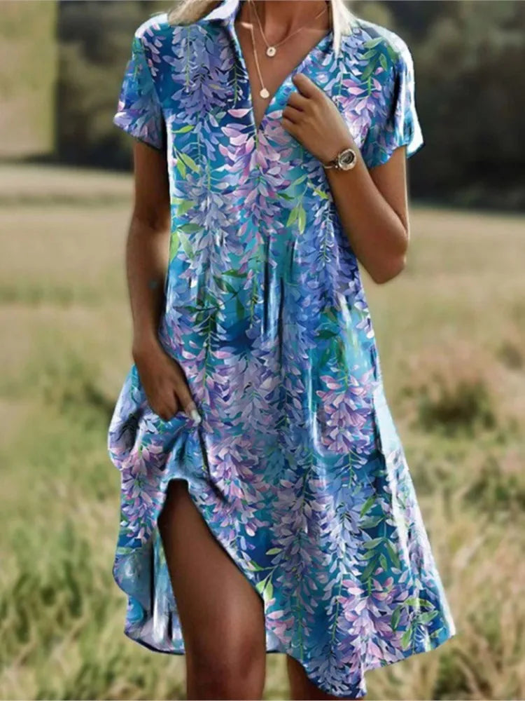 Carla | Robe florale élégante avec col en V, boutons et manches longues pour l'automne