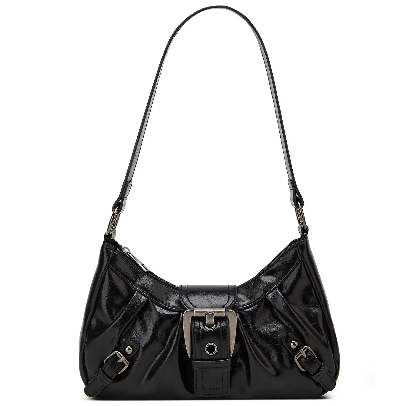 Sac à main noir en cuir avec bandoulière, boucle métallique et plis élégants. Accessoire de mode chic pour femmes, tendance et sophistiqué.