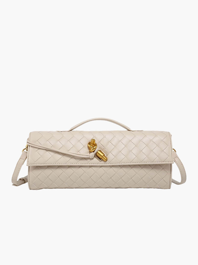 Sac à main en cuir tressé beige avec bandoulière et fermoir doré, design élégant et moderne, accessoire de mode tendance pour femme.