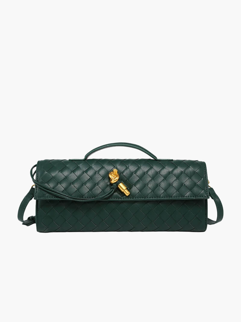Sac à main vert foncé en cuir tressé avec poignée et fermoir doré, design élégant et moderne, accessoire de mode tendance pour femme.