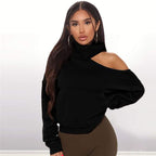 Long-sleeved turtleneck sweater with one exposed shoulder