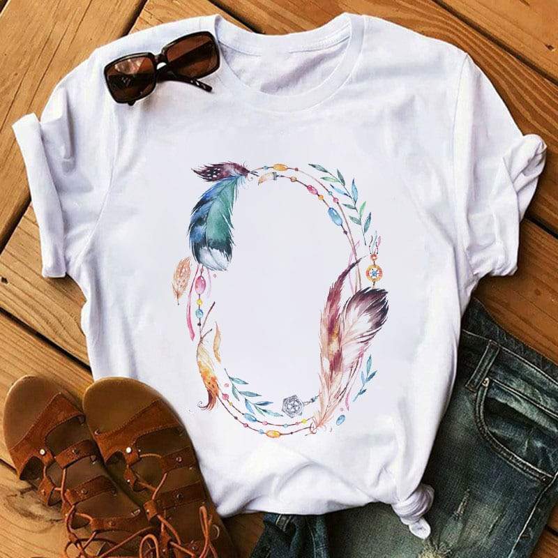 T-shirt à col rond imprimé Boho Feather
