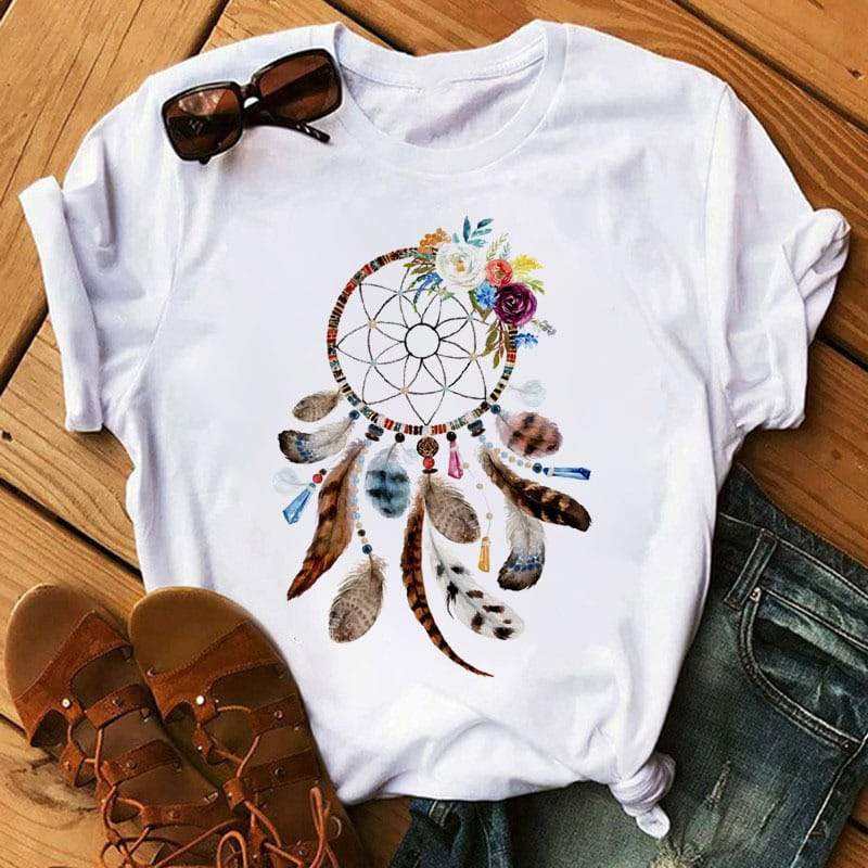 T-shirt à col rond imprimé Boho Feather