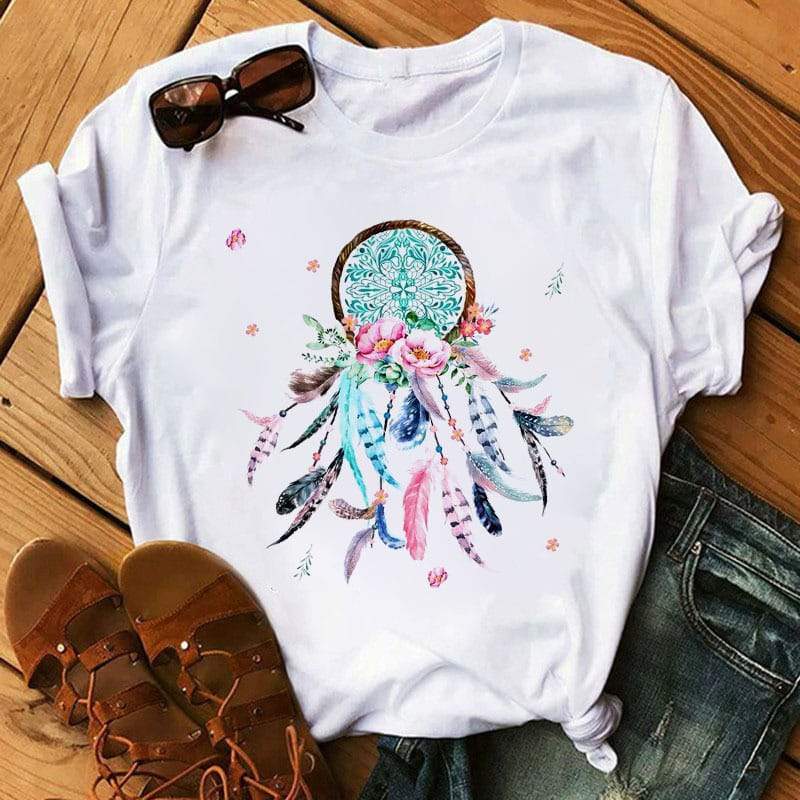 T-shirt à col rond imprimé Boho Feather