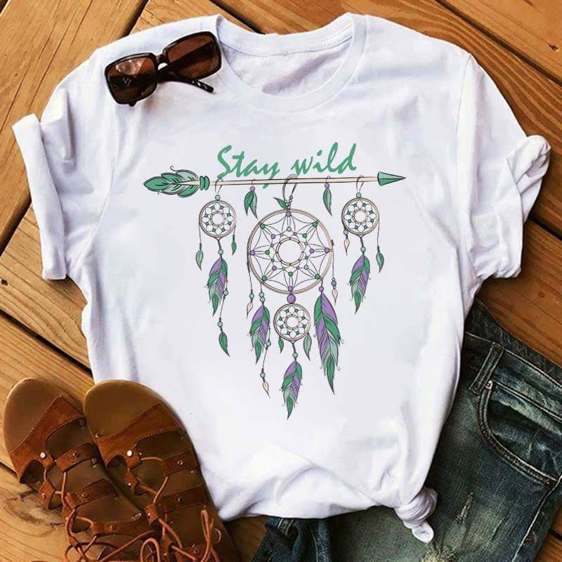 T-shirt à col rond imprimé Boho Feather