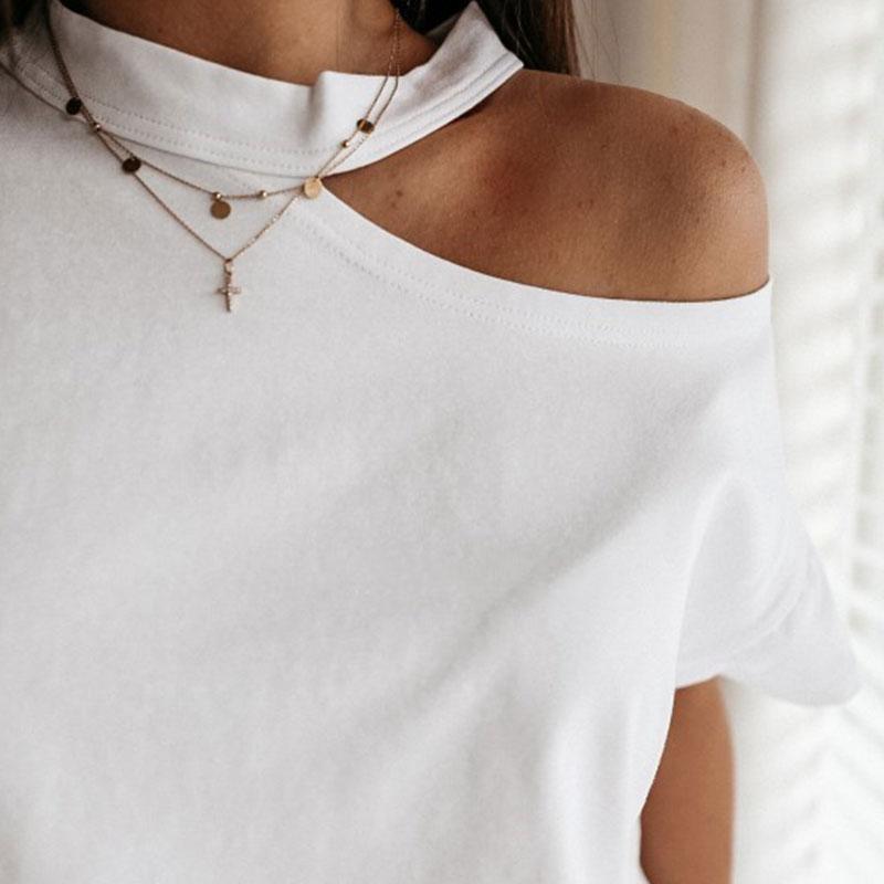 T-shirt coton manches courtes à une épaule dégagé