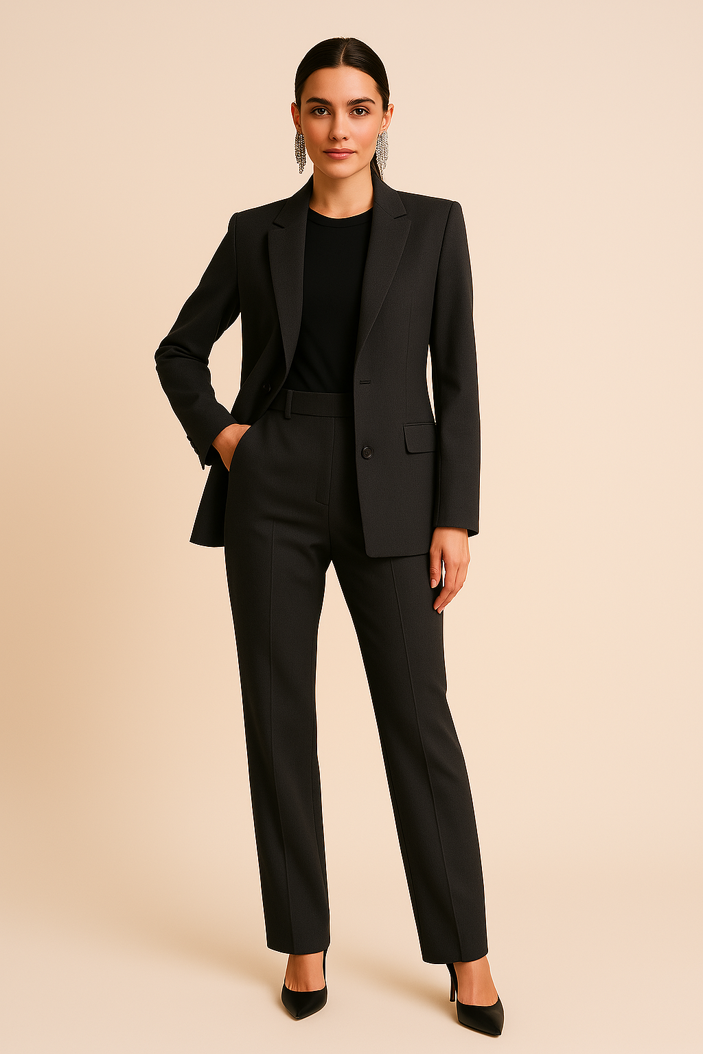 Ensemble deux pièces pour femme : blazer tailleur et pantalon à plis.