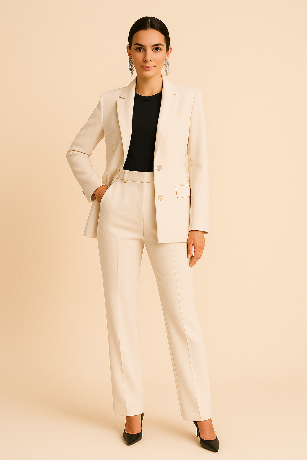 Ensemble deux pièces pour femme : blazer tailleur et pantalon à plis.