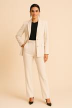 Ensemble deux pièces pour femme : blazer tailleur et pantalon à plis.