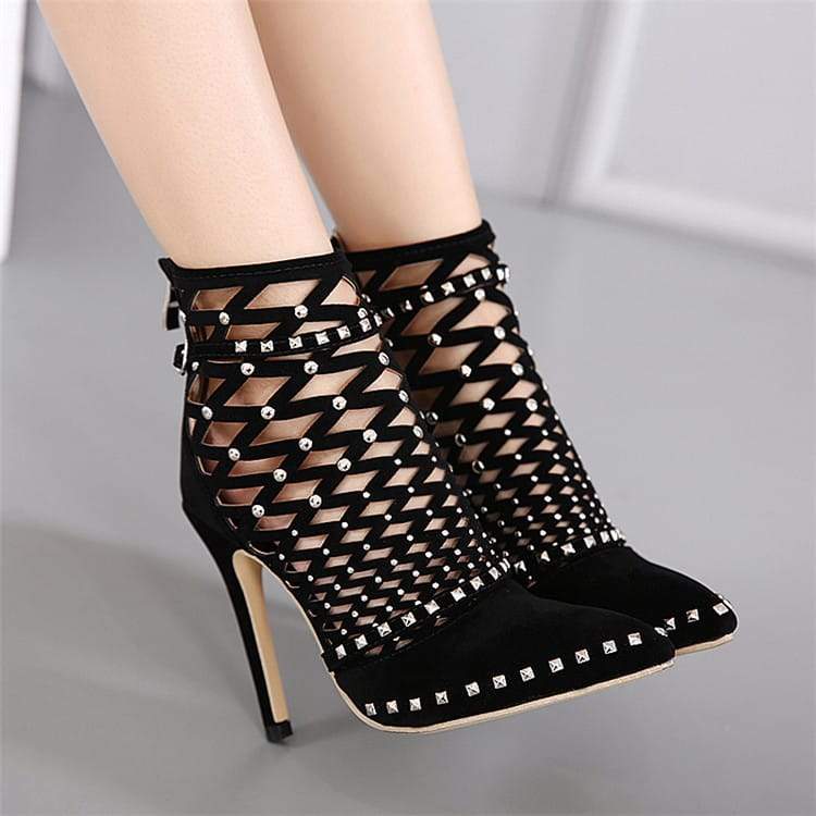 Cross-strap suede stiletto heels
