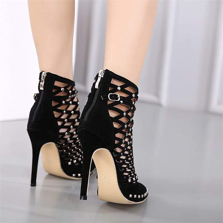 Cross-strap suede stiletto heels