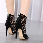 Cross-strap suede stiletto heels