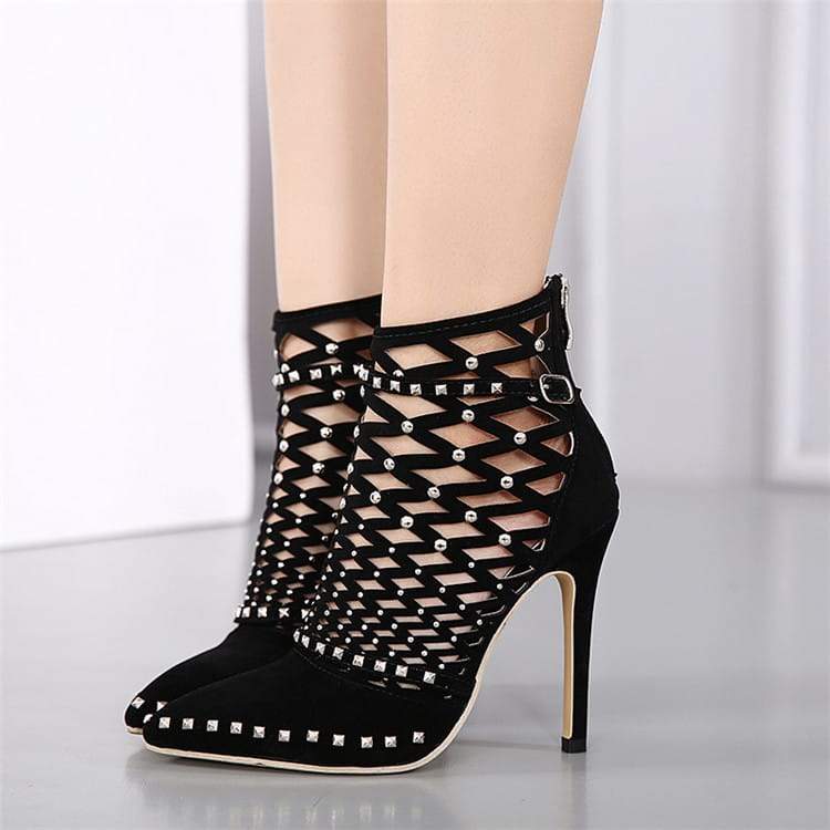 Cross-strap suede stiletto heels