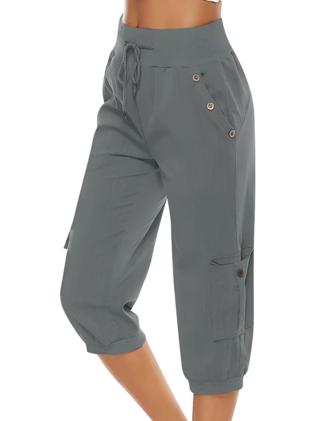 Pantalon capri femme gris, taille haute, avec poches boutonnées et cordon de serrage. Style décontracté, idéal pour l'été et les activités extérieures.