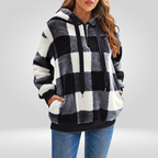 Pull à capuche pour femme - Maille douce - Coupe décontractée - Demi-zip - Motif à carreaux - Avec capuche