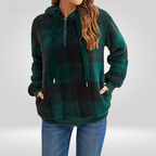 Pull à capuche pour femme - Maille douce - Coupe décontractée - Demi-zip - Motif à carreaux - Avec capuche