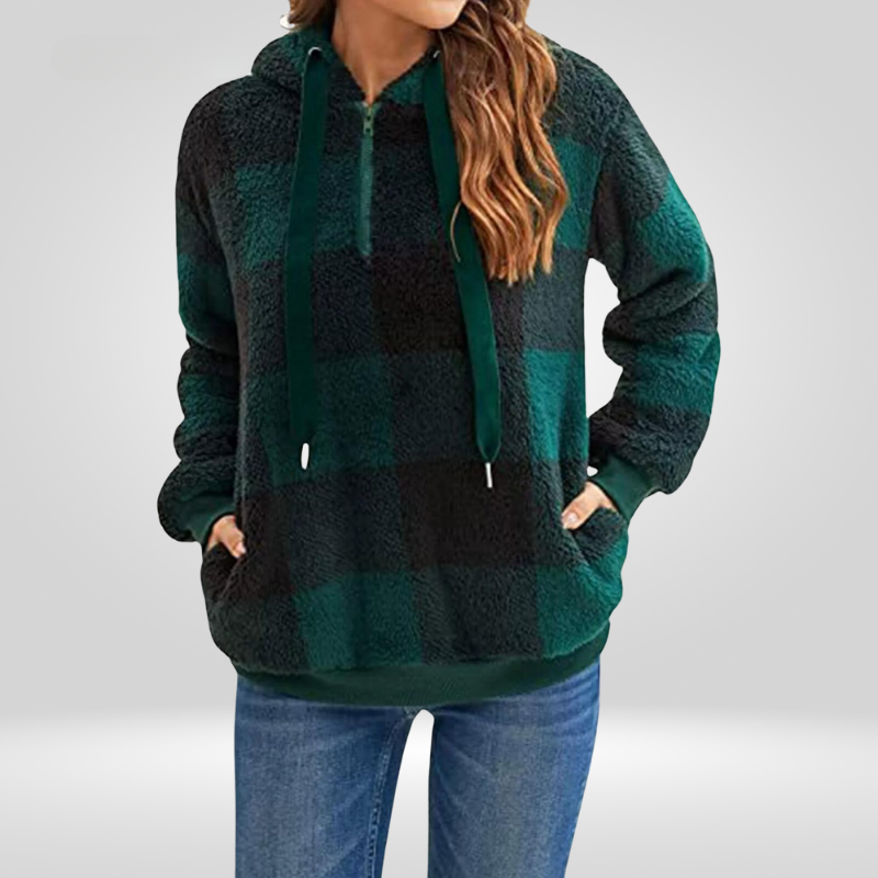 Pull à capuche pour femme - Maille douce - Coupe décontractée - Demi-zip - Motif à carreaux - Avec capuche
