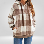 Pull à capuche pour femme - Maille douce - Coupe décontractée - Demi-zip - Motif à carreaux - Avec capuche