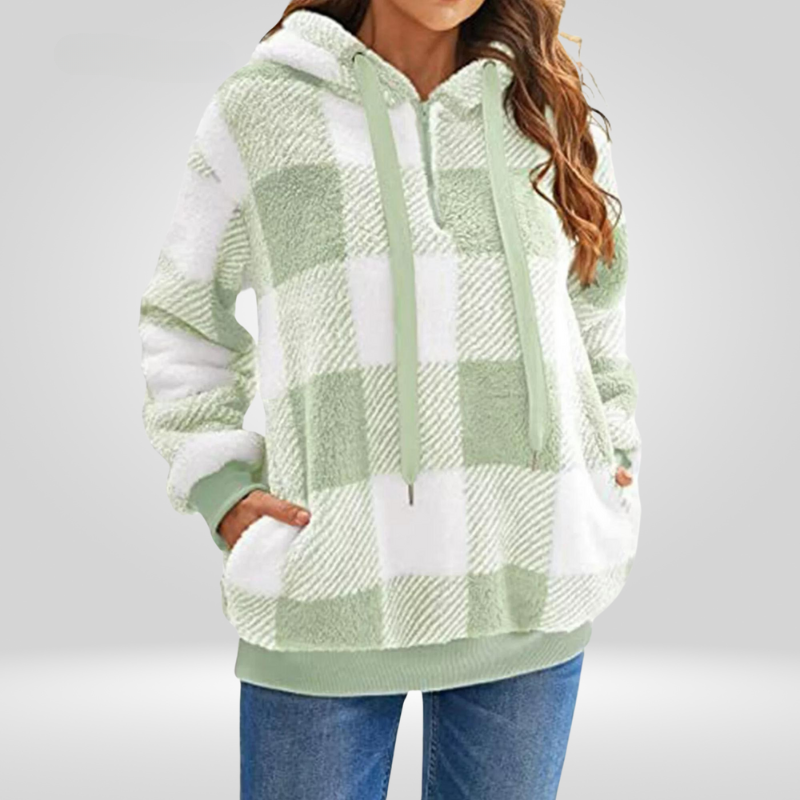 Pull à capuche pour femme - Maille douce - Coupe décontractée - Demi-zip - Motif à carreaux - Avec capuche
