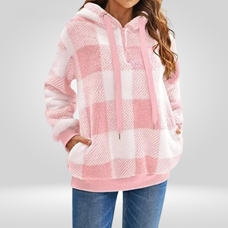 Pull à capuche pour femme - Maille douce - Coupe décontractée - Demi-zip - Motif à carreaux - Avec capuche