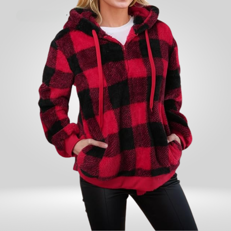 Pull à capuche pour femme - Maille douce - Coupe décontractée - Demi-zip - Motif à carreaux - Avec capuche