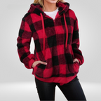 Pull à capuche pour femme - Maille douce - Coupe décontractée - Demi-zip - Motif à carreaux - Avec capuche