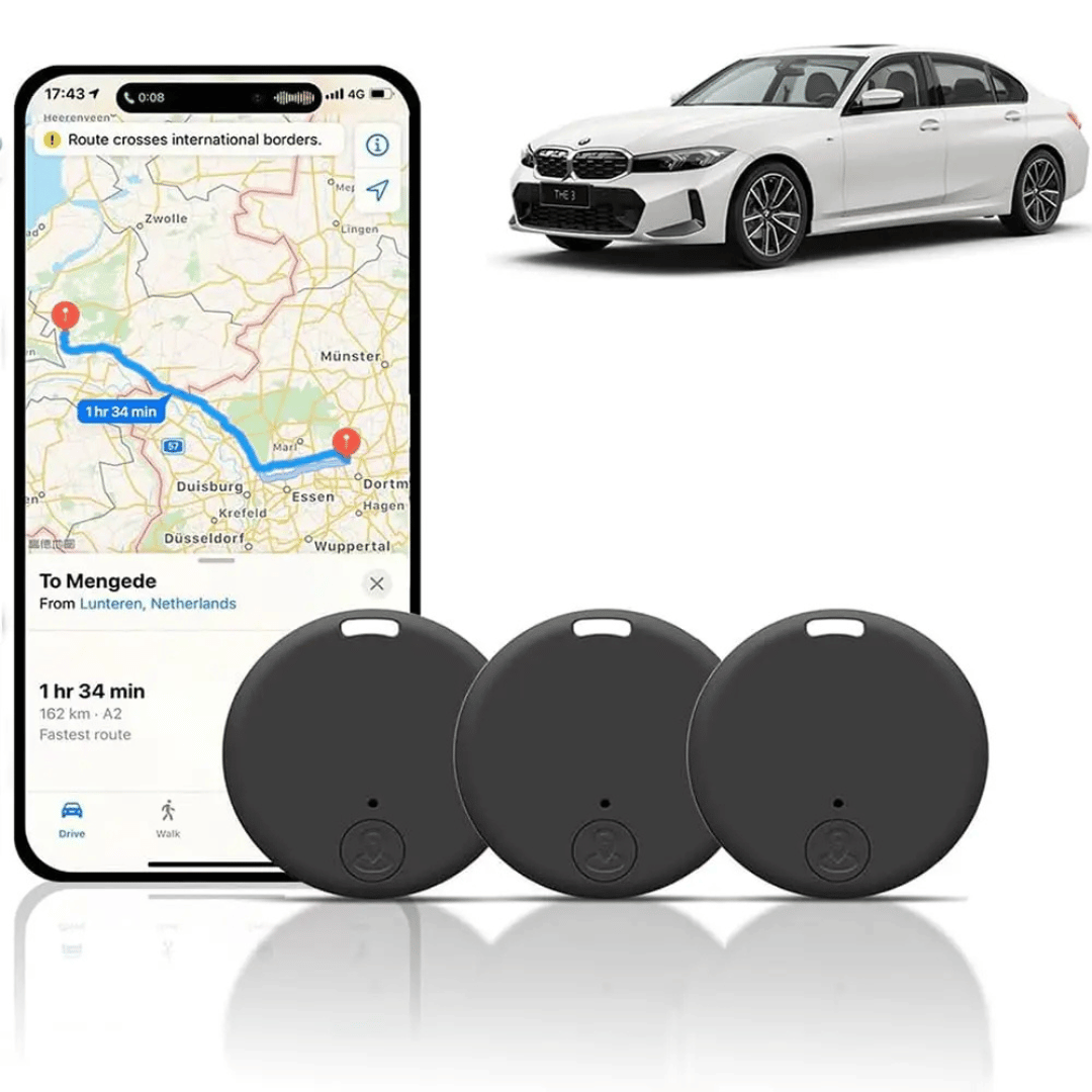 Smartphone affichant une carte GPS, voiture blanche BMW, trois traceurs GPS noirs. Technologie de navigation, localisation précise, accessoires auto.