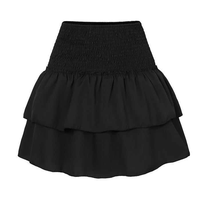Jupe noire à volants en tissu léger, taille élastique smockée, mode féminine élégante, idéale pour tenues décontractées ou soirées.