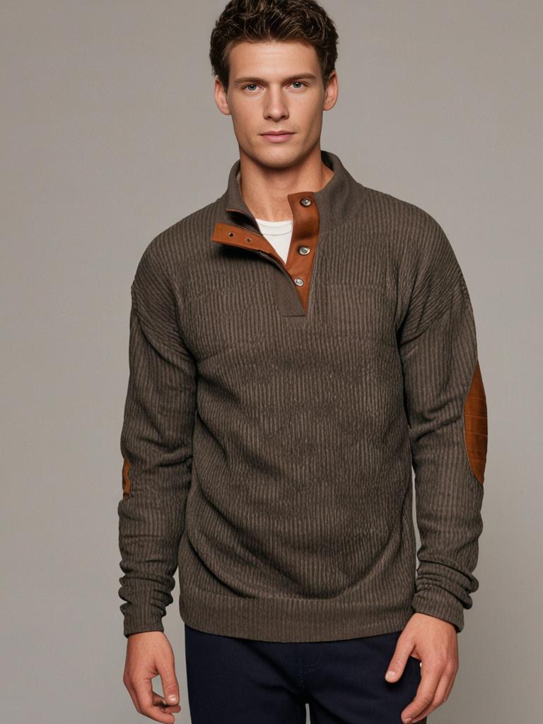 Homme portant un pull marron à col montant avec boutons et coudières en cuir, sur fond neutre. Mode masculine élégante et décontractée.