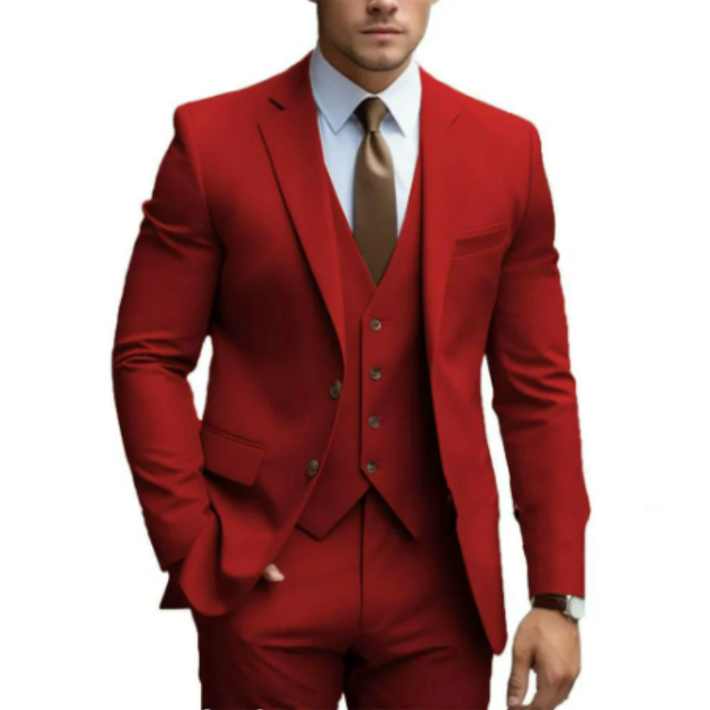 Homme en costume rouge élégant, cravate marron, chemise blanche. Mode masculine, tenue formelle, style moderne.