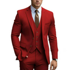 Homme en costume rouge élégant, cravate marron, chemise blanche. Mode masculine, tenue formelle, style moderne.