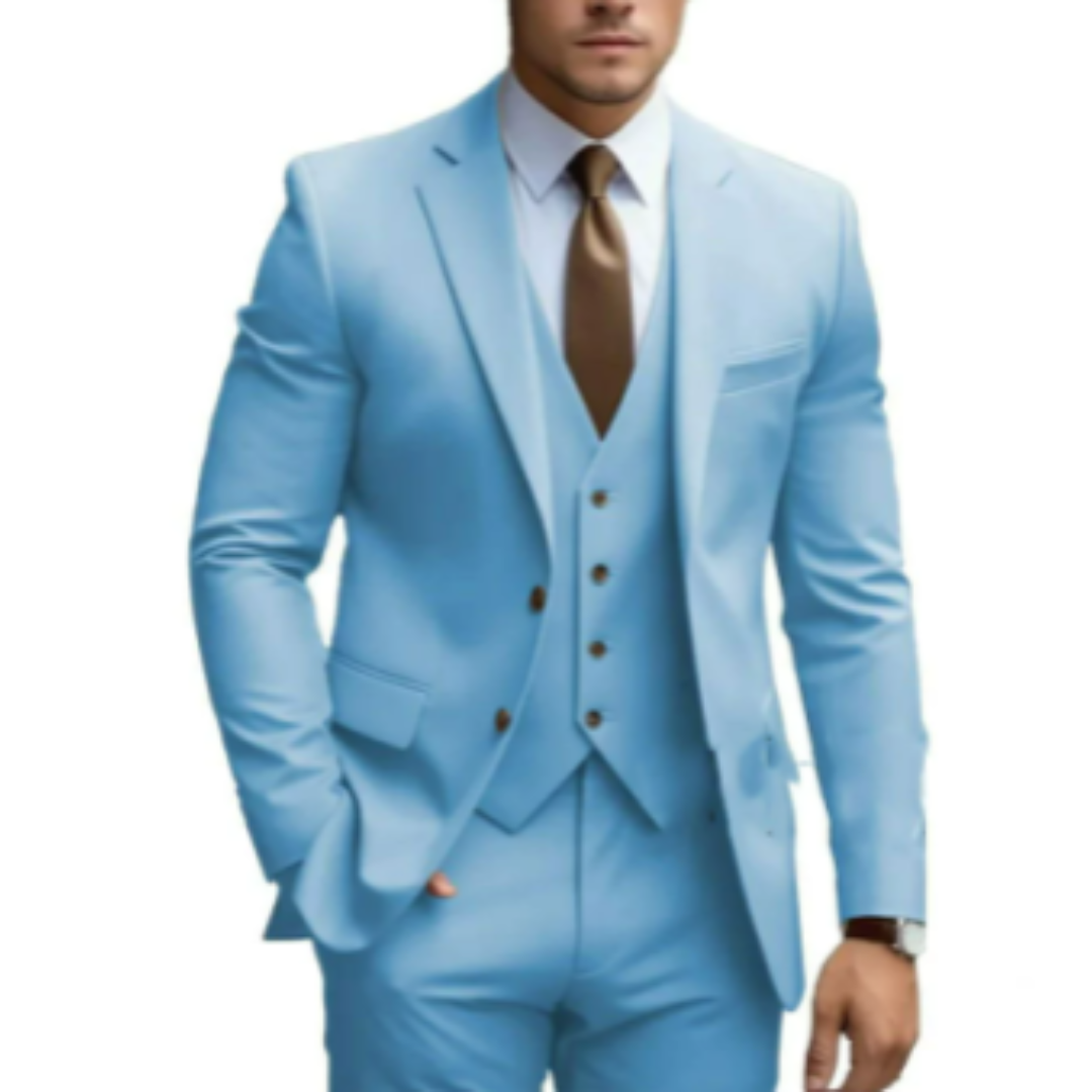 Costume homme bleu clair élégant avec cravate marron, chemise blanche et montre-bracelet, mode masculine formelle, style moderne.